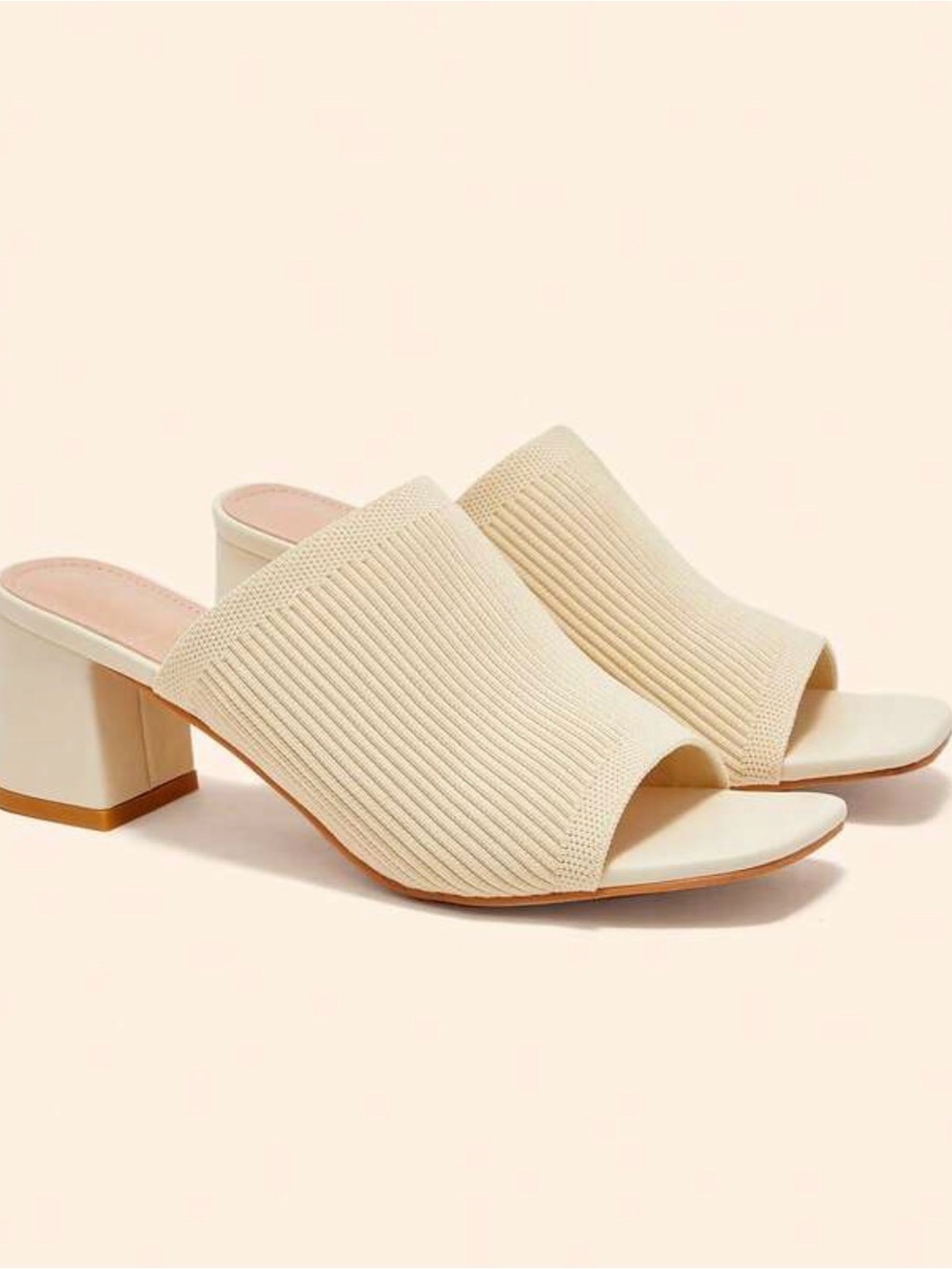 Cream Knit Open-Toe Block Heel Mules